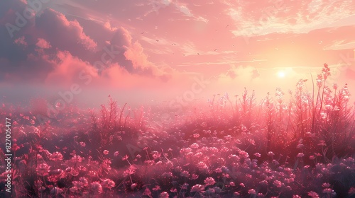 peaceful meadow at dawn, with the sky and flowers in soft fluffy hues of lavender and peach
