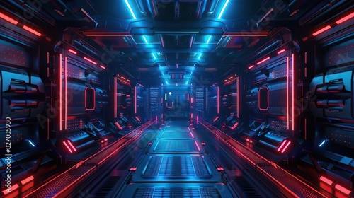 Futuristic neon-lit sci-fi corridor with blue and red lights, depicting advanced technology and space station interior design.