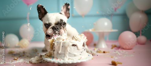 Creative food animal template. A greedy messy French bulldog covered in frosting cream eating a huge birthday vanilla cake in pastel party balloon room, banner, wallpaper. copy text space