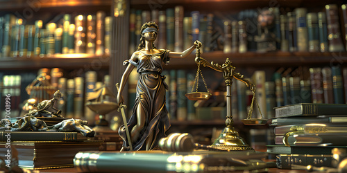 A statue of a lady justice sits on a desk in a library Sculptures of Theism a symbol of justice. 