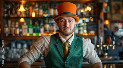 Bartender at an Irish pub wearing orange bowler hat and green vest, portrait, wide banner
