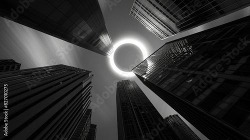 Abstract city, black building in the center of the composition has a radiance of light