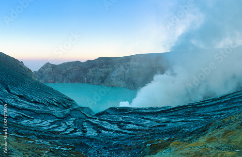 Lake Ijen Volcano in the early morning, sulfurous lake in the crater of the volcano