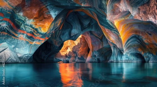 Marble Cathedral Photography Capturing the vibrant hues and unique formations of a natural marble rock structure in General Carreras Lake
