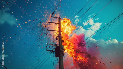 A power pole with a fire on top of it