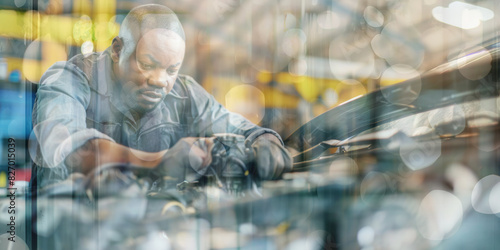 A skilled African American mechanic fine-tuning a car engine in a busy auto repair shop.