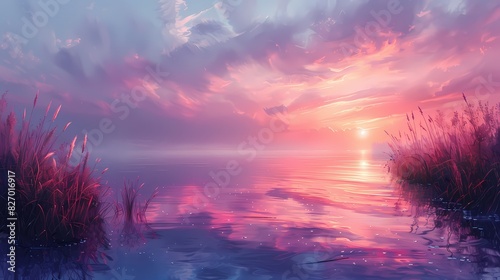 serene lake scene at sunset, with the sky and water painted in soft fluffy hues of pink and lavender