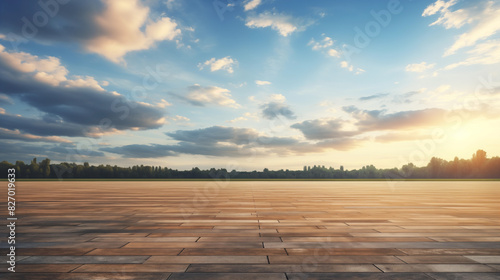 A serene and expansive wooden plaza stretches towards the horizon under a sky filled with soft clouds and the warm glow of a setting sun