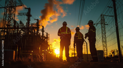 Three workers in high visibility vests discussing operational plans in an oil refinery at sunset.