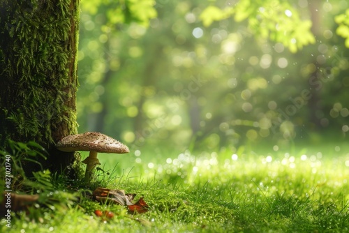 A mushroom is growing under a tree in a forest surrounded by natural scenery
