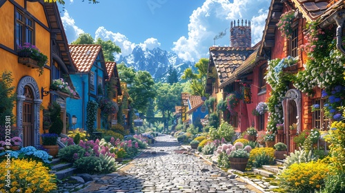A charming European village with cobblestone streets, colorful houses, and flower boxes.
