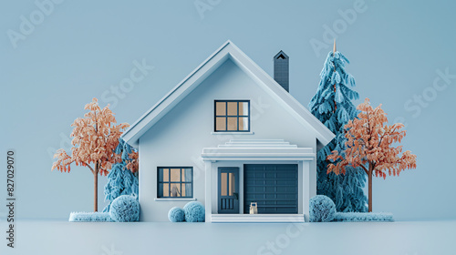 3D illustration of a cute plastic house with a blue roof and minimalistic design