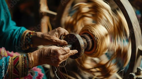 Intricately designed spinning wheel, used for crafting traditional textiles, capturing the essence of artisanal craftsmanship.