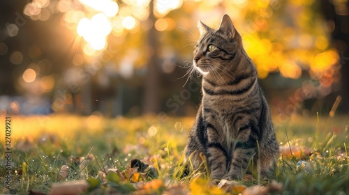 Tabby Cat Sitting in Park with Blurred Background and Empty Space on Right