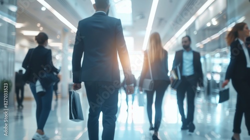 Blurred business people walking in the office corridor. blurred business people at a trade fair, generative ai