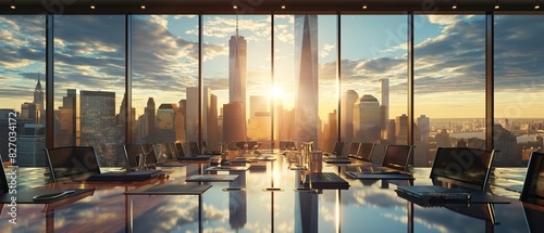 A boardroom meeting with executives discussing global financial strategies, with a panoramic view of the city skyline in the background. 32k, full ultra HD, high resolution