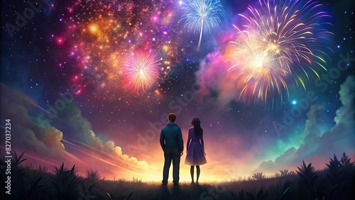 Silhouettes of a couple watching colorful fireworks in the night sky from a distance
