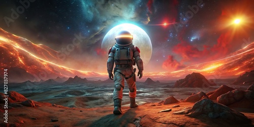 A space astronaut wearing a spacesuit exploring the surface of planet Mars, surrounded by a glowing aura