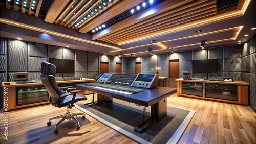 Modern sound recording studio with high-tech equipment and sleek design