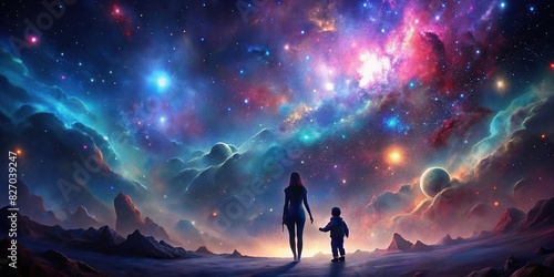 Silhouette of mother and child in breathtaking cosmic landscape with colorful nebulae and stars