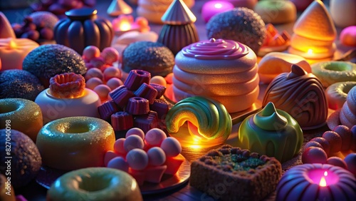 Close-up of assorted sweets and pastries glowing in soft light