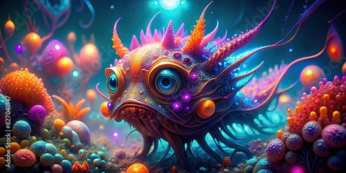 Vibrant underwater macro photo of glowing sea creatures