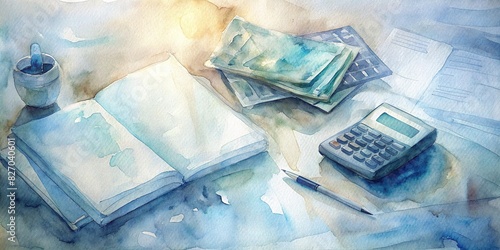 Watercolor of a table covered with bills, credit card statements, and a calculator, depicting financial stress and debt