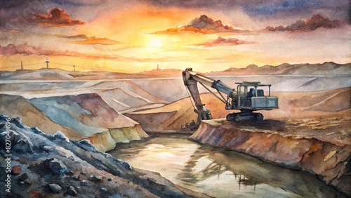 Excavator digging ore in an open pit mining quarry during sunset