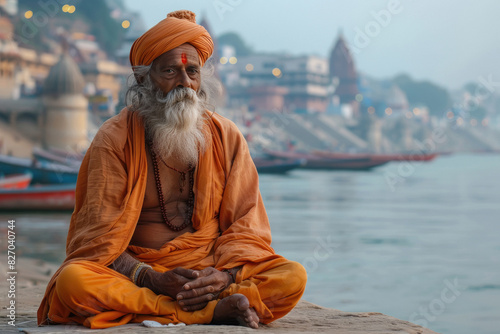 indian monk sitting at river side