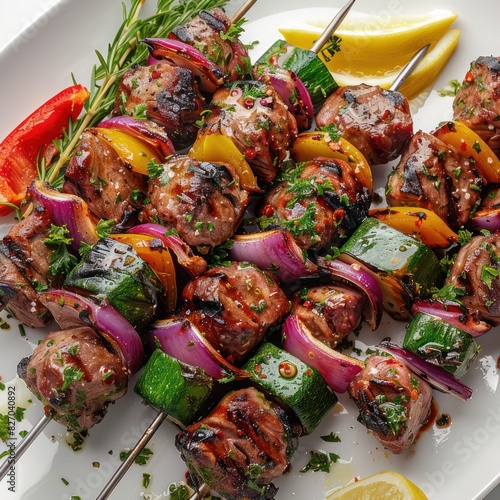 a delicious marinated lamb skewer grilled to perfection, infused with mediterranean herbs and spices, loaded with finely slice capsicum and onions