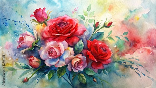 Watercolor floral bouquet with red roses on a background
