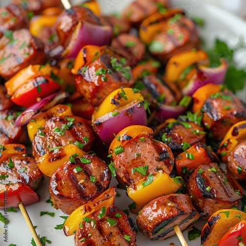 a healthy yet sumptuous serving of grilled sausage skewers marinated to perfection, infused with herbs and spices alongside with capsicum, onions and sprinkled with seasoning for taste