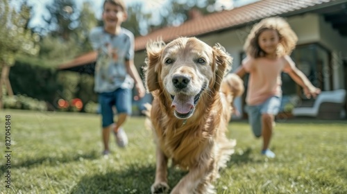 A family playing with a pet dog in their backyard, with the children running around and the dog happily chasing a ball, showing the joy of pet ownership and outdoor activities.