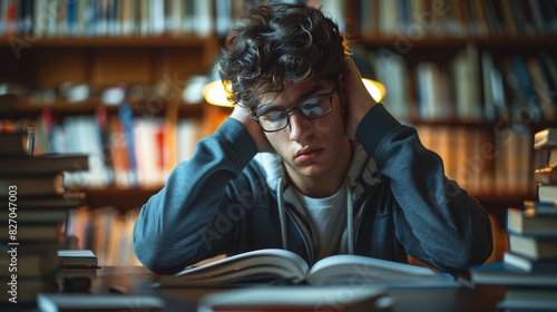 A student sitting at a desk, surrounded by textbooks and notebooks, with a focused expression while studying for an exam.