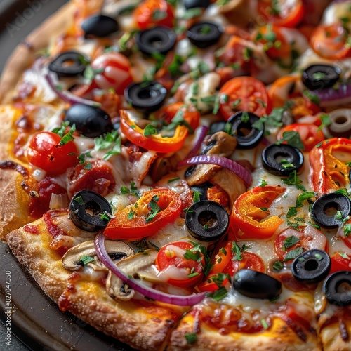 a classic vegetable supreme pizza loaded with toppings ranging from sliced olives, capsicum, mushroom topped with golden crispy crust ready to be devoured