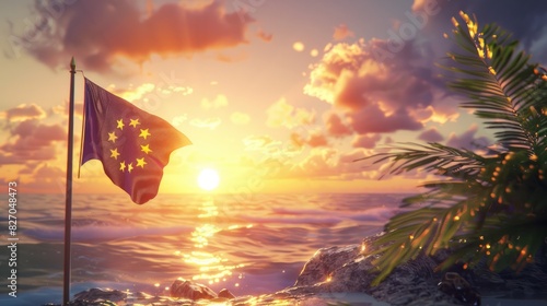 Flag of European Union waving in the breeze against a sunset sky. Banner with EU flag.