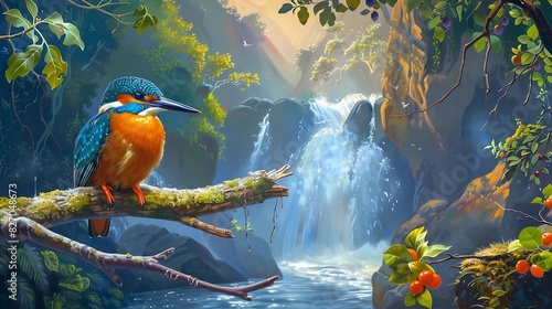Majestic kingfisher perched on a branch above a shimmering stream, its bright orange and blue plumage catching the eye.