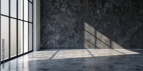  empty concrete room with window and shafow, Industrial interior with large windows casting dramatic shadows on a textured concrete wall and floor, creating a stark and moody atmosphere in an urban se