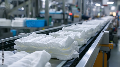 Disposable diaper production factory on the conveyor belt