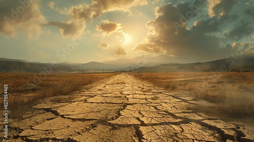 Gripping scene of a severe drought turning fertile land into a barren desert, with cracked earth and withered crops stretching into the horizon