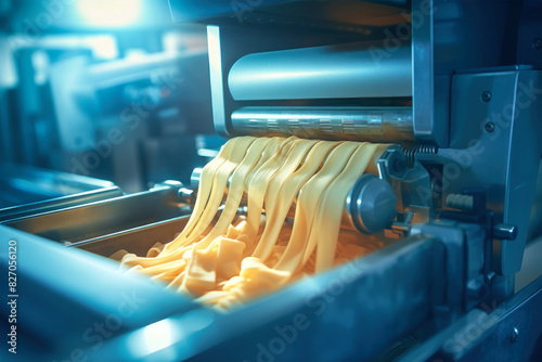 A machine delicately kneading and shaping pasta dough, creating perfectly formed strands of pasta
