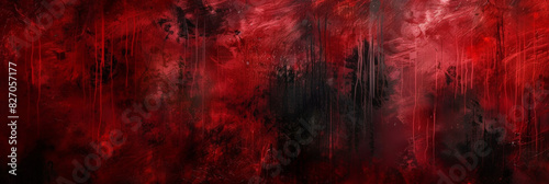 Abstract red and black textured background with dynamic brush strokes and splashes, creating a bold and intense visual impact with a sense of movement and energy. red grunge wall texture, halloween