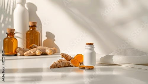 A bottle of turmeric sits on a table next to a jar of turmeric