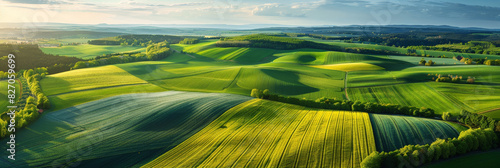 Rolling green hills under a bright blue sky with fluffy clouds and golden sunlight, creating a serene and picturesque rural landscape that stretches into the horizon. 