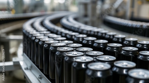 Factory producing soft drinks in black cans on a conveyor belt