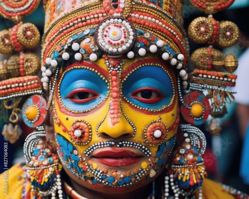 A close-up of a person wearing a colorful and elaborate traditional Indian headdress. AI.