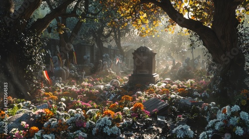 A single tomb of an unknown soldier surrounded by a sea of flowers and flags, showing the community's collective tribute. The soft morning sunlight filters through the trees, spotl