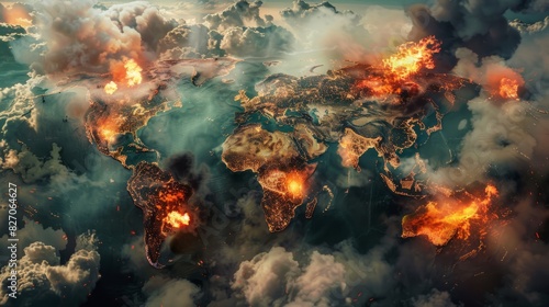 A world map in war with military targets where explosions, fire and bombings occur. Hot atlas for climate change and danger of conflict between countries continents.