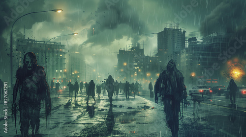 Zombies that wander through wet city streets are full of tension and horror. The dark sky and heavy rain give the scene a feeling of hopelessness and melancholy.