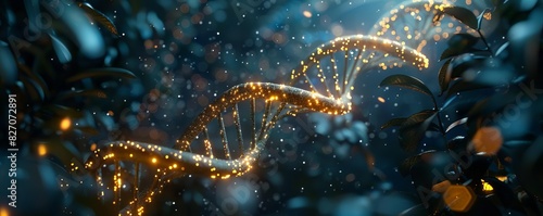3D rendering of a DNA double helix on a dark background with glowing stars The hyper realistic photography was achieved in the style of Nikon through the grace of technology